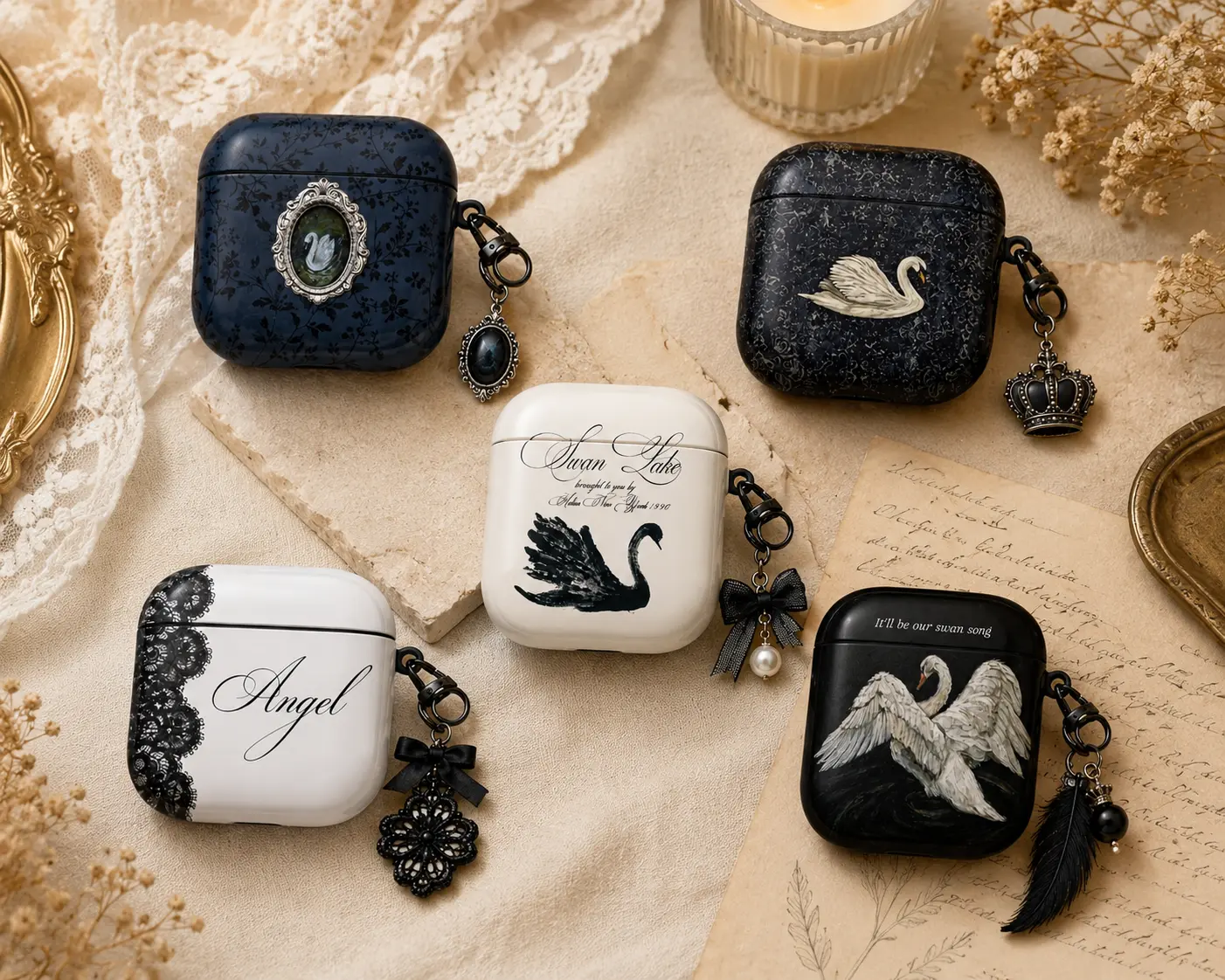 NO KEYCHAIN INCLUDED – Gothic Swan AirPods Case, Dark Academia AirPods Pro Cover, Vintage Black & White Swan AirPods Gen 1 2 3 4 Case, Elegant Protective Gift