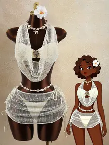 Women's Hollow Out Fabric Bikini Set with Metal Accents, Elegant Sexy Swimsuit, Swimsuit Style Bikini, Ruched Swim Suits for Outdoor Vacation Beach Party, Four Piece Bathing Suit