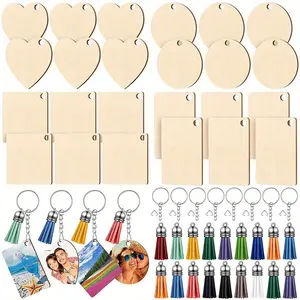96pcs/set Blank Rectangle Wooden Block, Circular Blank Wooden Keychain, Decorative Blank Keyring Jump Ring Tassel DIY Keychain