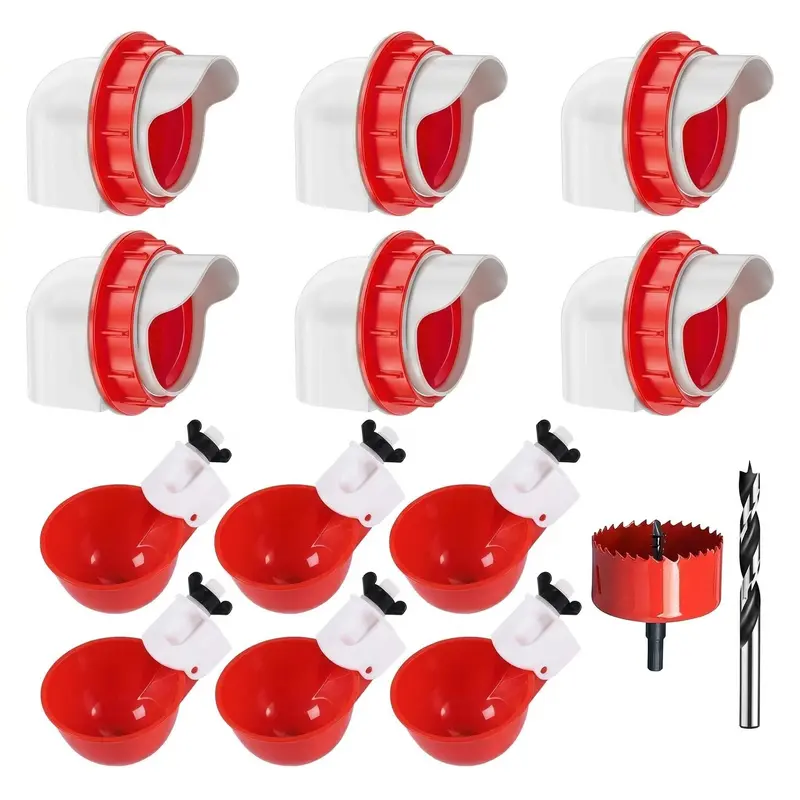 New Style No Waste Automatic Chicken Duck Feeder & Waterer Set, Rainproof Poultry Feeder Kit with 6 Feeding Ports 6 Water Cups, Comes with Hole Saw and Drill Bit