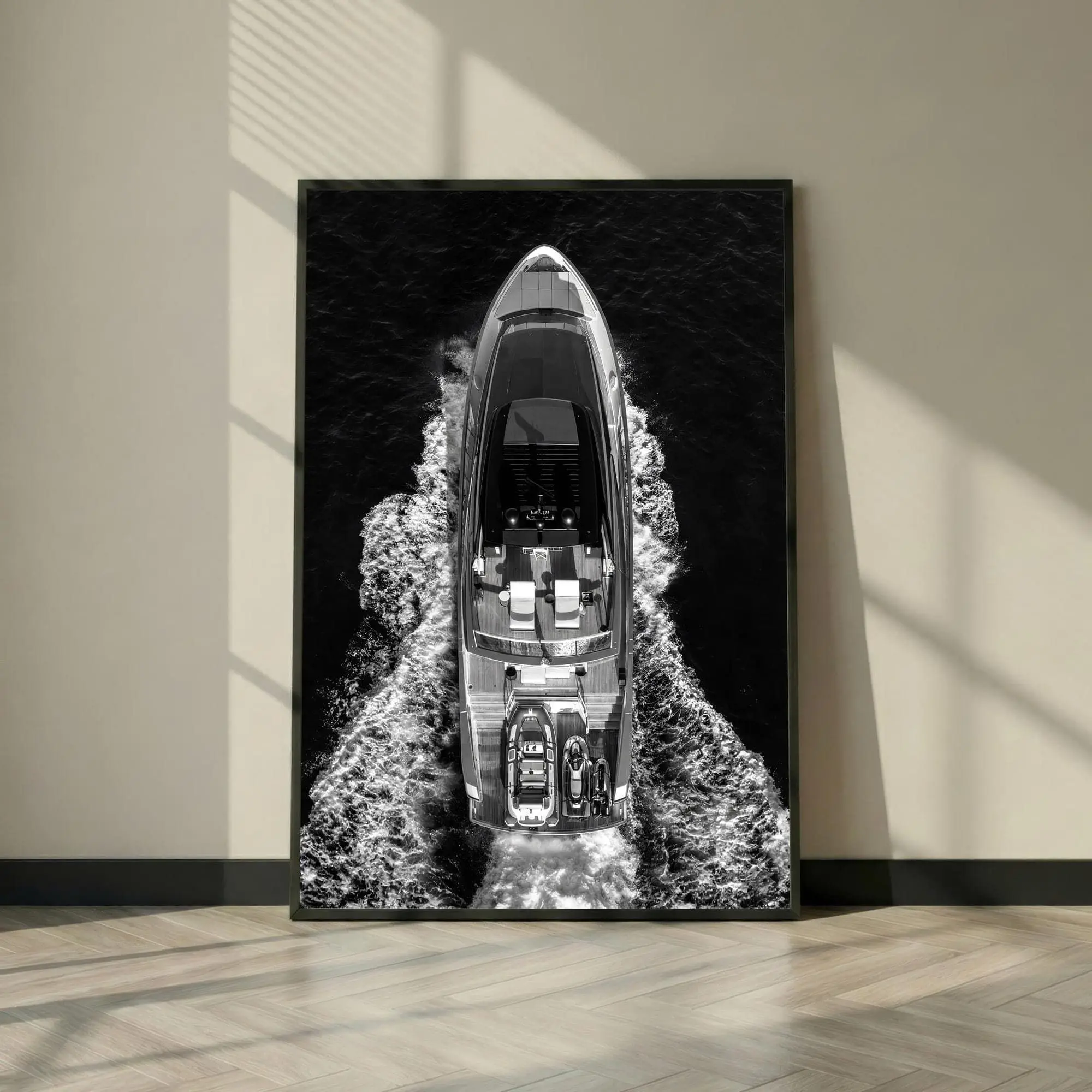 Luxury Yacht Poster Black and White, Aerial Boat Photography Print, Minimal Ocean Wall Art, Modern Coastal Decor for Office Living Room Gift