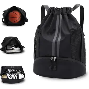 Sports Drawstring Backpack, Waterproof Swim Gym String Bag with Shoe Compartment Anti-thief Zipper Pocket for Men Women,Soccer Basketball Bag for Travel or Fitness