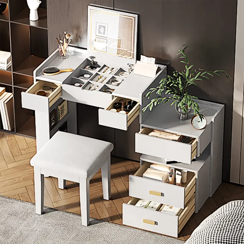 3-in-1 Design White Makeup Vanity Desk with Flip-Top LED Lighting Mirror, Hydraulic Lift, Retractable Side Cabinet, Ample Storage, Engineered Wood Build, Soft Cushion, Sturdy Adjustable Ergonomic Modern Indoor Furniture for Bedroom