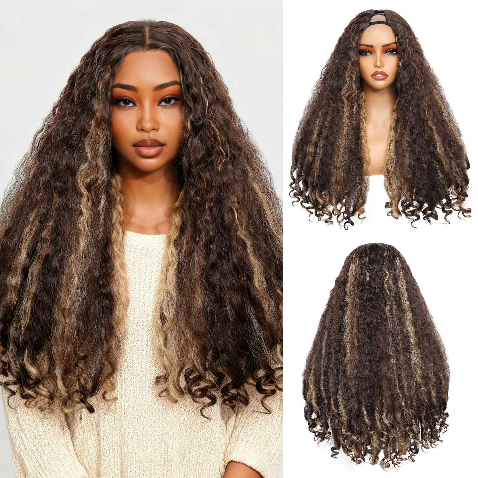 Afro Wig V Part Kinky Curly Wigs 4/27 Highlights for Black Women, Wear and Go Glueless Wig Synthetic No Leave out Clip in  24 Inch with Unique Bouncy Curls in the End