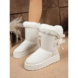 Women's Fashionable Black Faux Fur Trim Bow - Decorated Platform Snow Boots, Comfortable Warm Footwear for Daily & Cold Weather Wear, Female All - match Shoes, Girl, Snow Boots, Winter Boots, Platform Boots, Faux Fur - Lined Boots
