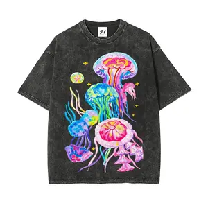 Underwater Neon Jellyfish Retro Washed Comfort Tee for Men & Women white Organic Cotton Soft Tee casual vibe summer tee