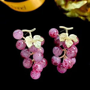 Purple Grape Cluster Resin Crystals Earrings, Fashion Costume Jewelry Accessories