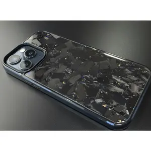 Forged Carbon fiber IPhone 15 Pro Max Phone Case With Blue and Gold Flakes