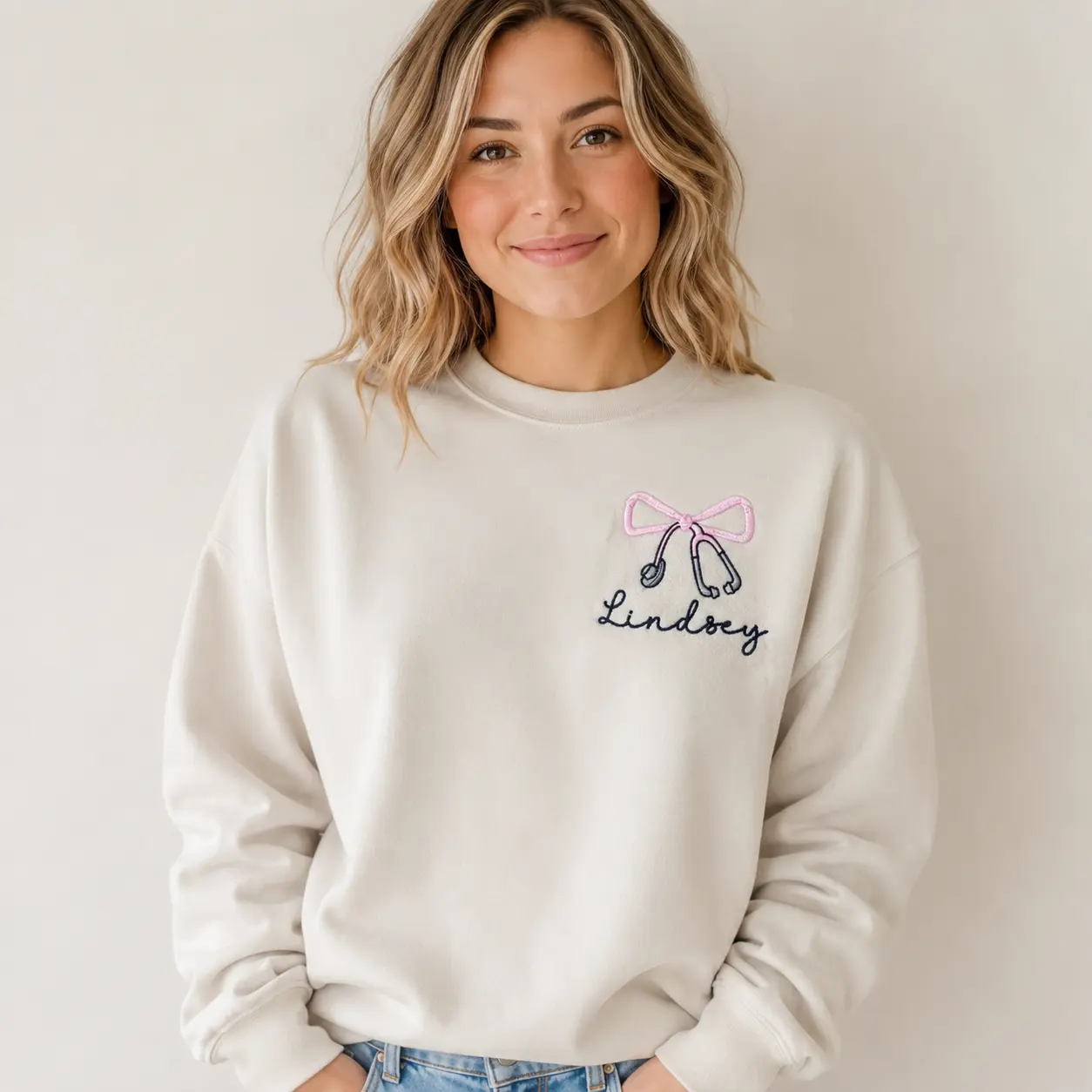 Personalized Nurse Embroidered Sweatshirt, Custom Name Bow and Stethoscope Crewneck, Gift for Nurses