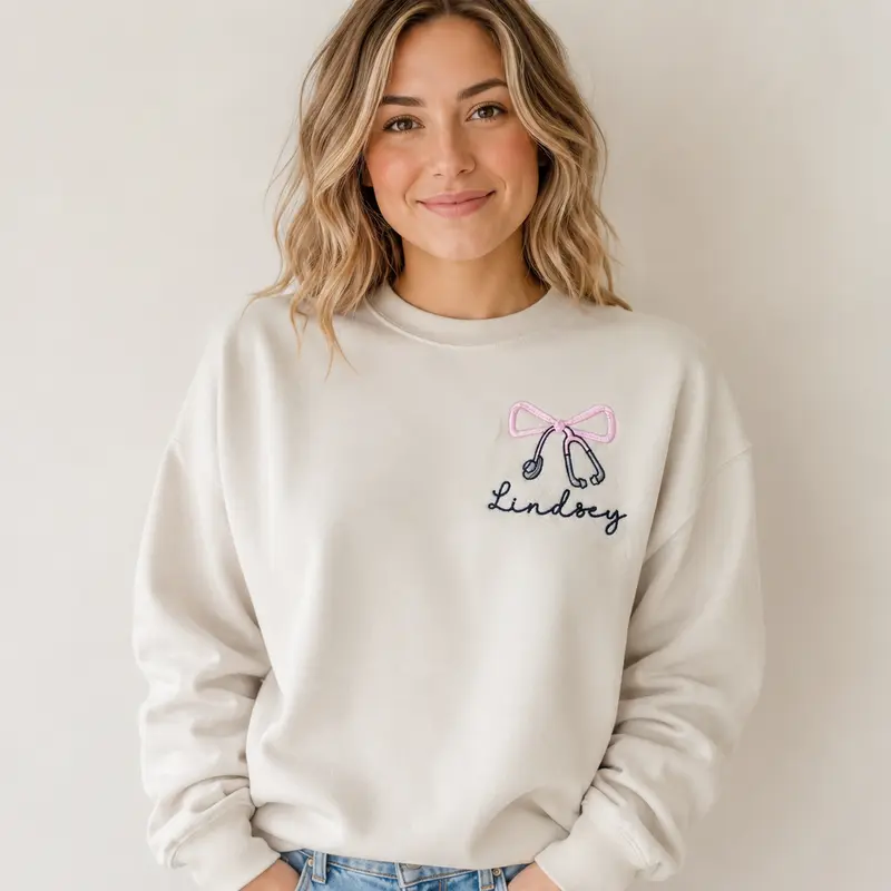 Personalized Nurse Embroidered Sweatshirt, Custom Name Bow and Stethoscope Crewneck, Gift for Nurses
