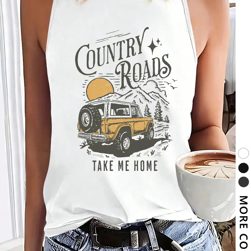 Women's Country Roads Take Me Home Graphic Print Round Neck Tank Top, Sleeveless Tank Tops, Casual Sleeveless Printed Top for Summer, Casual Everyday Top, Ladies Clothes for Daily Wear, Socks