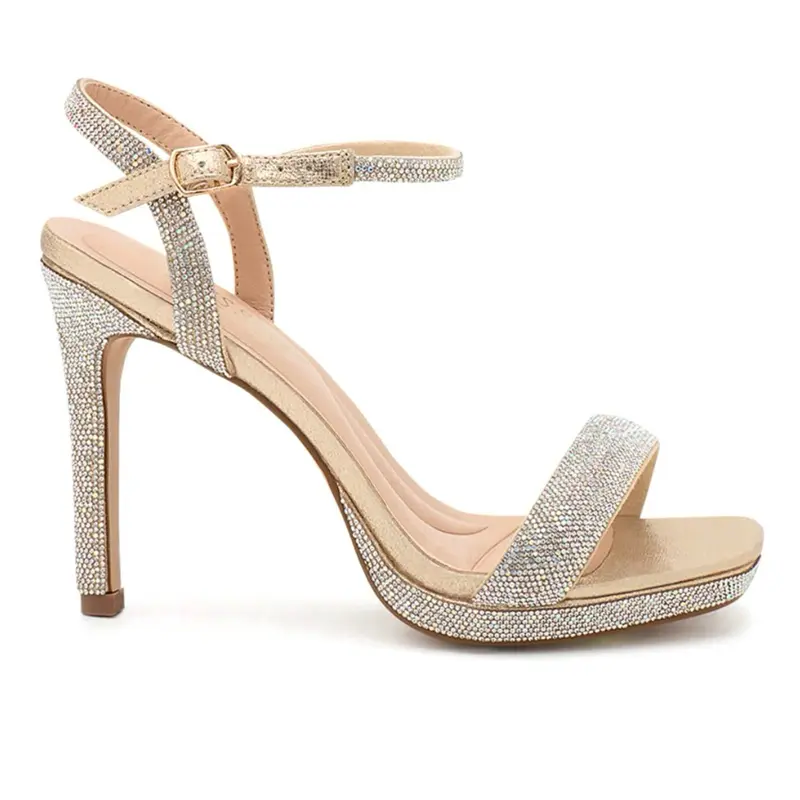 GLAM GOLD OPEN HIGH HEELS with Rhinestone Embellishments and Ankle Strap for Elegant Occasions