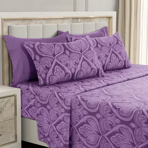 Paisley Full Sheet, 6 Microfiber Wrinkle Free - Luxurious Printed Includes Flat Sheet, Sheet with Deep Pockets,  4 Pillowcases - Purple