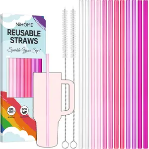 NiHome 12-Pack Plastic Reusable Drinking Straws for Stanley 40 oz 30oz 64 oz Tumbler, 6 Color 12 In Reusable Straws Fit for Stanley Cups w/ 2 Brushes, BPA-Free for Cold & Hot Beverages
