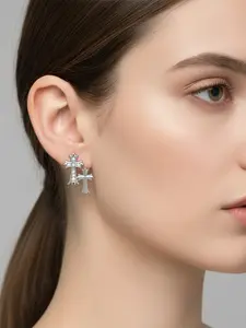 Unisex Double Cross Stud Earrings, Studded Cross Earrings, Elegant Small Rhinestone Pendant, Versatile Jewelry for All Occasions, Copper Chain, Casual Style