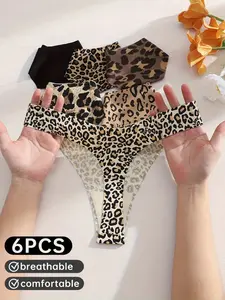 6pcs Solid Color Leopard Print Animal Print Invisible Thong Panties, Valentine's Day Gift, Casual Fitted Underwear, All Seasons