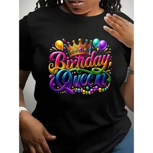 Women's Birthday Queen graphic T-shirt, featuring crown and balloon motifs, perfect for birthday parties, versatile for everyday casual wear, playful design, comfortable fabric, round neck top, summer fashion, vintage style.