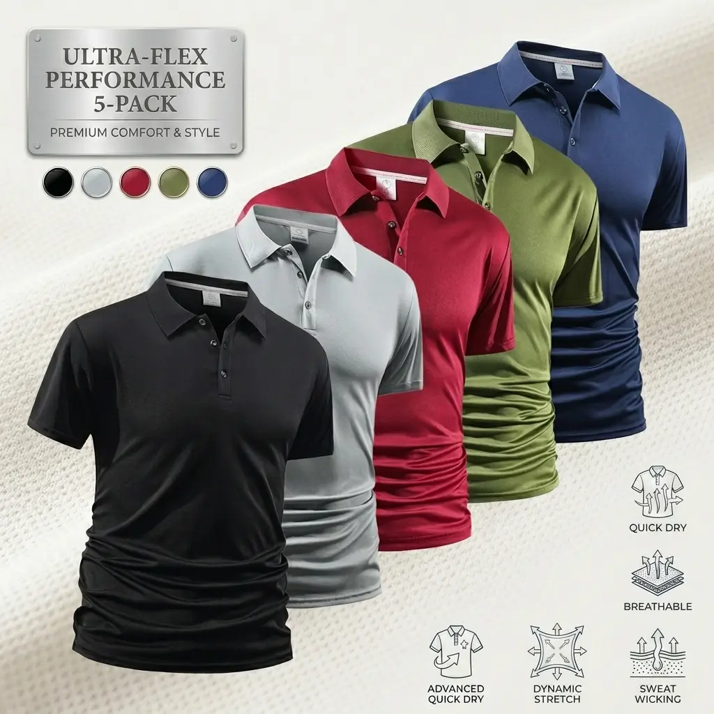 Men’s 5-Piece Quick-Dry Short-Sleeve Golf/Tennis Polo Set, Breathable, Quick-Drying, Comfortable Riding Apparel, Featuring Colorblock Collar and Cuffs, Medium Size, SpringStatements