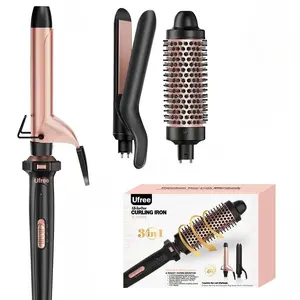 3 in 1 Curling Iron, Curling Wand Set with Thermal Brush Flat Iron Hair Straightener, Dual Voltage Wand Curler, Instant Heat Up Hair Curler, Include Protective Glove 2 Clips, Gifts for Women