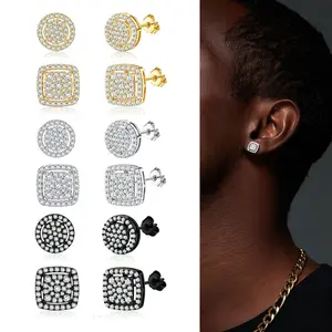 Cubic Zirconia Stud Earrings for Men Women, 14K Gold Plated Hypoallergenic Earrings Set, Iced Out Round & Square CZ Studs, Valentine's Day Gift