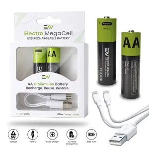 Electronic World AA Rechargeable Lithium-Ion Batteries 1.5V 2000mAh 2-Pack AA Batteries with USB C Charging Cable Long Lasting Output for Remote Flashlight Toys Mouse and Household Devices