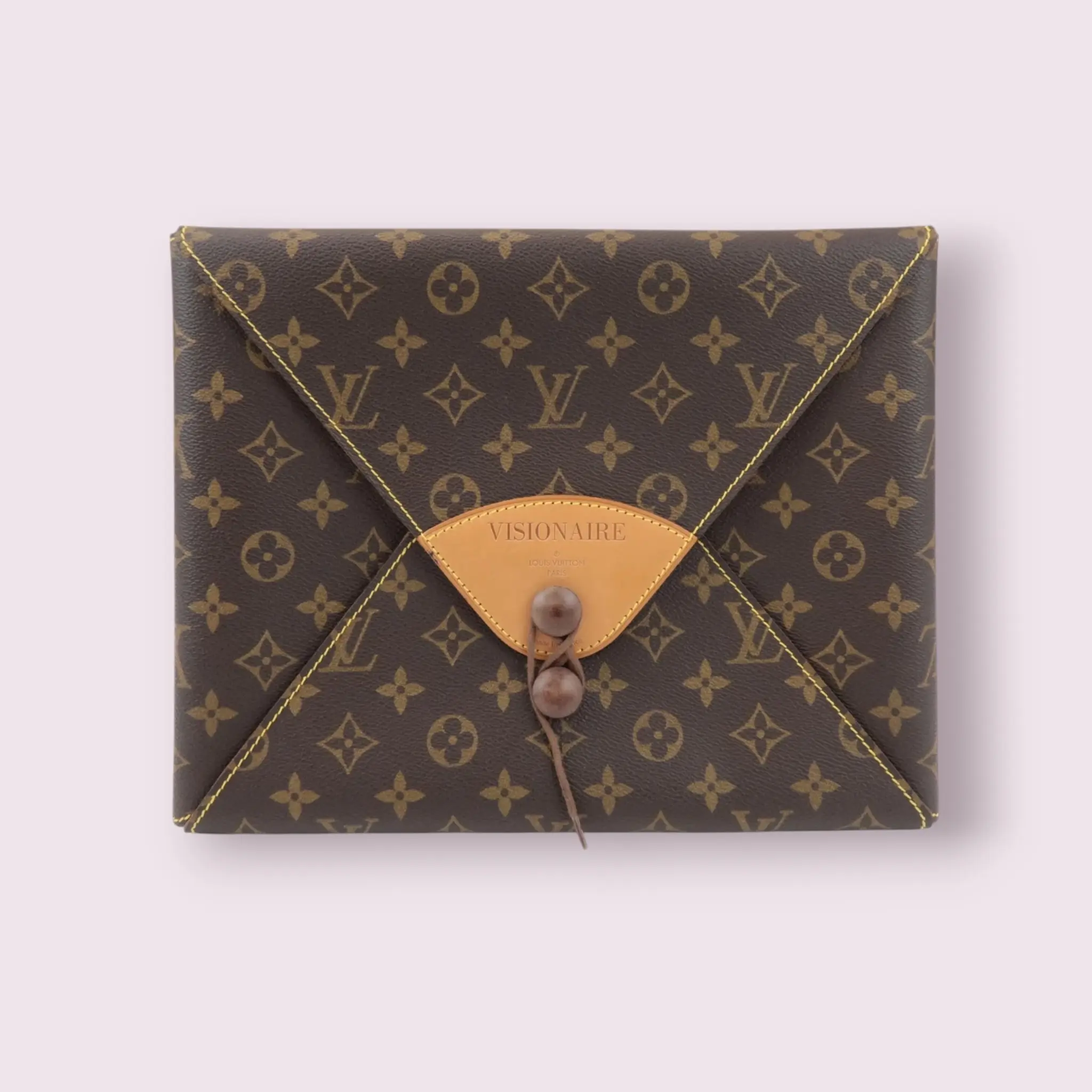 Pre-owned Louis Vuitton Canvas Clutches and wristlets Good Used Monogram Envelope Pouch 1996 Limited Edition Visionaire Collaboration, 18 Fashion Special Portfolio, Small Leather Goods with Wood Button Closure, Minor Stains, Rare Find Clutch, Surface Wear