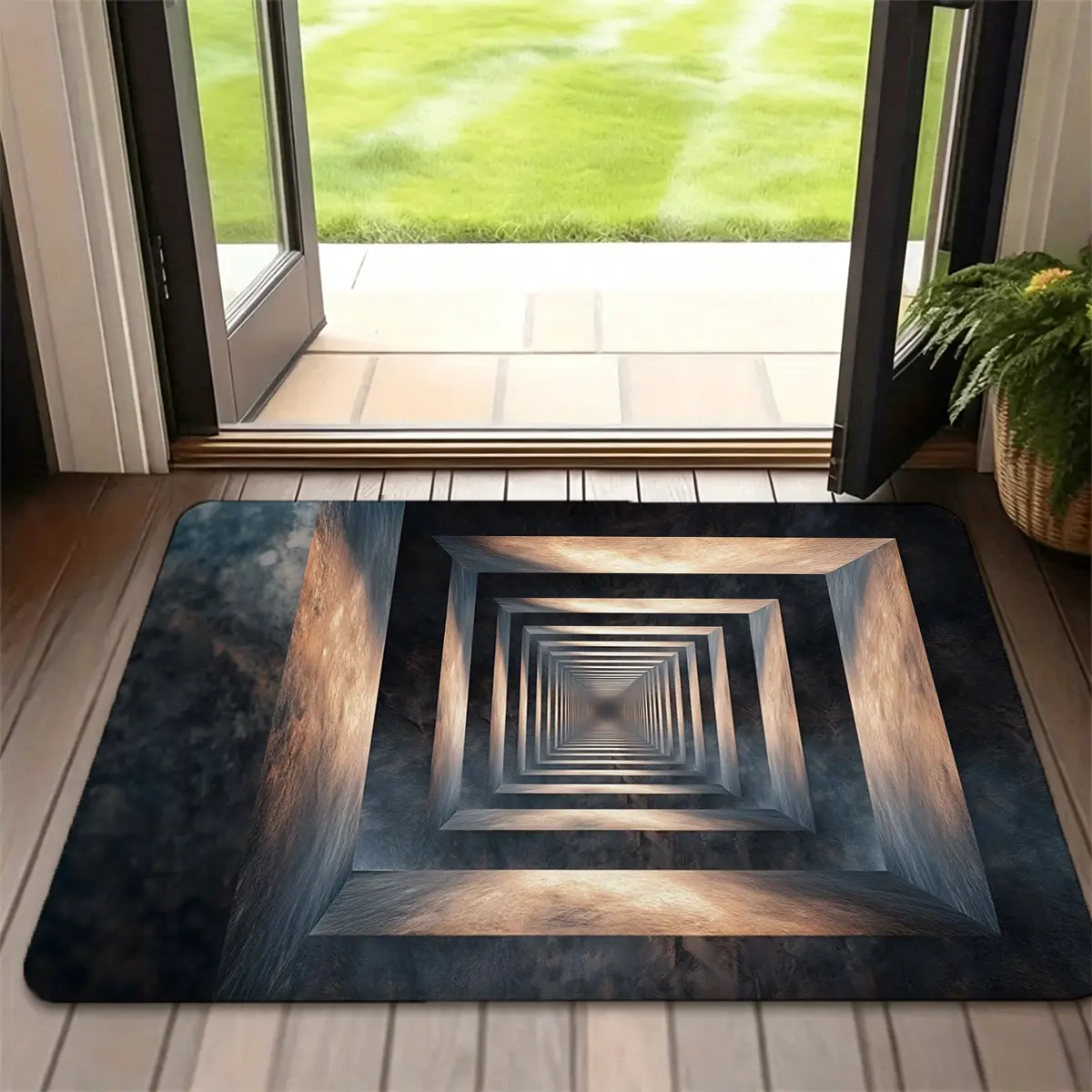 Vintage Brown Metal Square Tunnel 3D Optical Illusion Flannel Door Mat, 16×24in Industrial Geometric Vortex Visual Pattern Non-Slip Absorbent Floor Rug for Entryway Bathroom Bedroom Kitchen