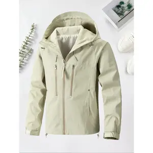 Men's Solid Pocket Drawstring Hooded Jacket, Regular Fit Casual Waterproof Windproof Long Sleeve Zip Up Outerwear for Spring & Fall, Fashion Men's Clothes for Daily Wear