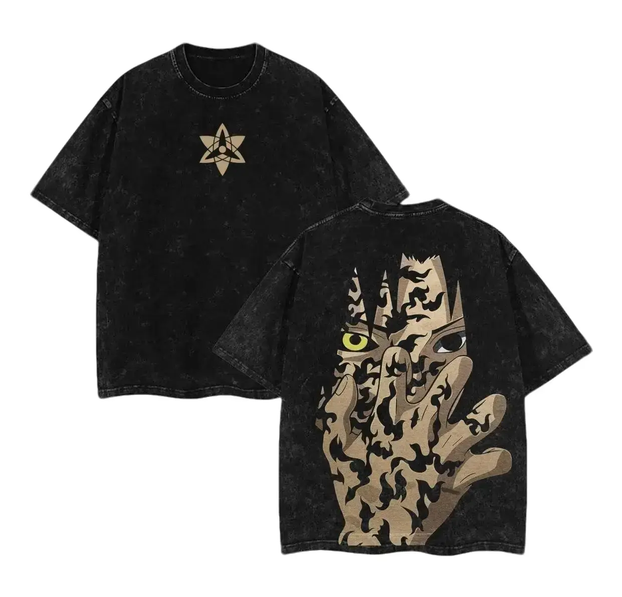 Men's Short-Sleeve Cotton Clothes - Retro Heavy Limited Curse Mark Sasuke Naruto Anime Double-Printed Vintage Washed Tee, Gift for Anime Fans, Naruto Merch 32K