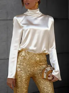 Elegant Satin Back Chain Scarf Shirt, Pure Color Long Sleeve Comfortable Party Top, Fashionable Backless Blouse for Gatherings