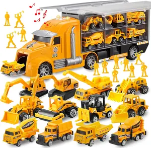 25 in 1 Construction Truck Vehicle Toy Set, Play Vehicles Set with Sounds and Lights in Carrier Truck, Push and Go Vehicle Car Toy, Kids Birthday Gifts for Over 3 Years Old Boys Kids Outdoor Play