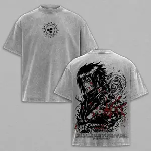 Vintage Acid Washed Uchiha Sasuke Unisex Anime T-shirt, front chest printed with Uchiha Curse Mark emblem, oversized bloody ink-wash Sasuke portrait paired with iconic clan quote on back, retro casual short sleeve tee ideal for Naruto anime fans
