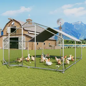 Aoxun Metal Chicken Coop, Outdoor Chicken Runs for Yard with Cover, Spire Roof Hen House Enclosure with Security Lock, Walk-in Cage Peak Hen House for Yard Farm (10x13x6.4 FT)
