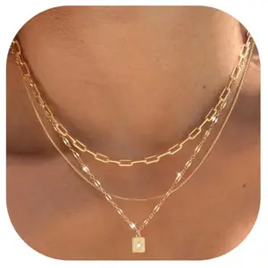 Layered Gold Necklaces for Women Trendy, 3 Pcs 14K Gold Plated  Paperclip Box Chain Necklace, Stackable Women's Gold Pendant Necklaces Jewelry Set