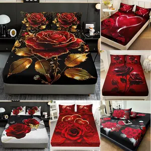 Luxury Rose & Fitted Sheet & Pillowcase Set, 1 Fitted Sheet + 2 Pillowcases, Medium Mattress Feel, Glamorous Bedding