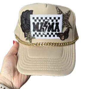 Edgy Mama Hat with Stars Butterfly and Black Rose Design Gold Chain Accent and Checkered Mama Patch