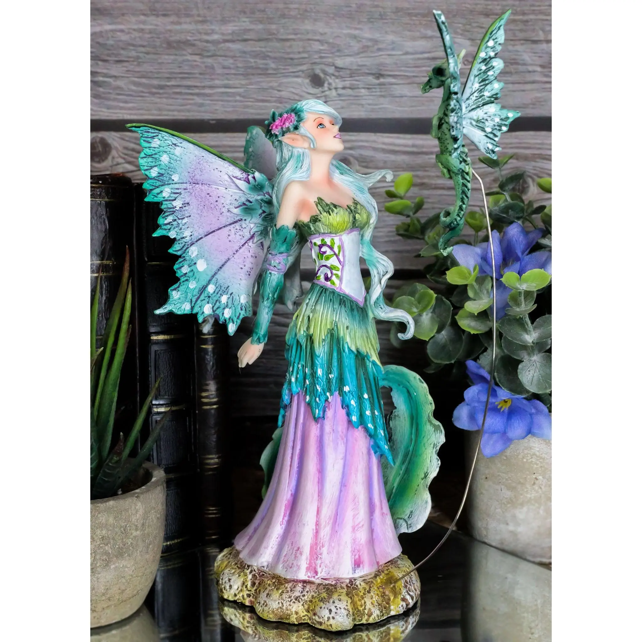Ebros Amy Brown Discovery Enchanted Elf Fairy FAE Damsel with Green Pixie Dragon Statue 8" Tall Fantasy Mythical Faery Garden Magic Collectible Figurine Fairies Pixies Nymphs Decor