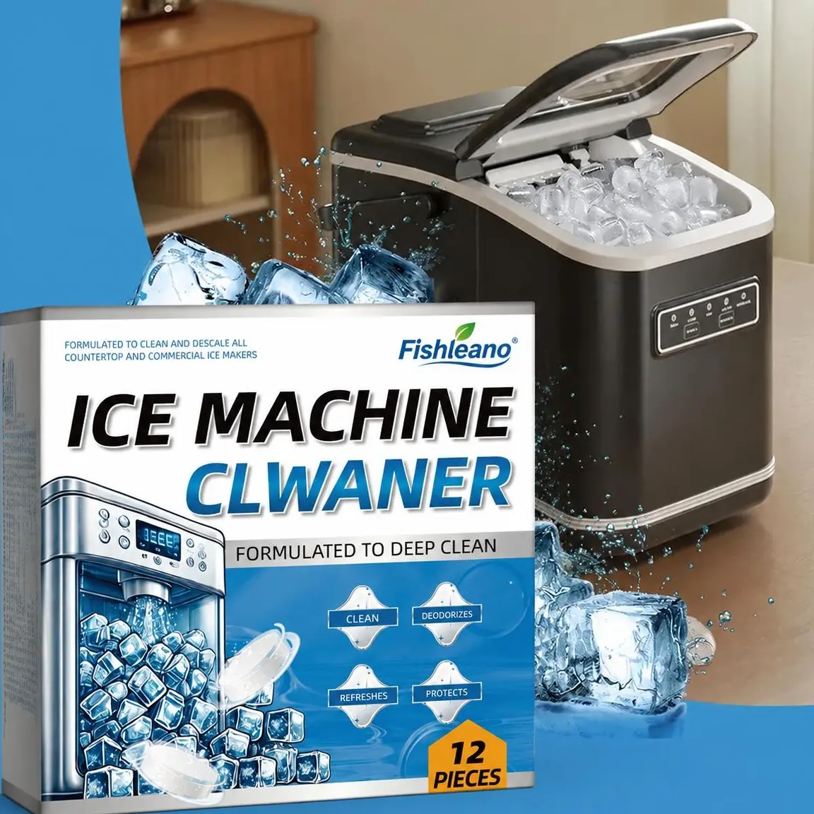 12 PCS Ice Maker Cleaner Cleaning Tablets, Suitable for All Household Ice Maker Machine and Stainless Steel, Deep Cleaning, Deodorizing, Descaling, Non-Toxic Household Kitchen Appliance