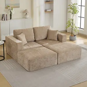 83'' Boneless Loveseat Sofa, Comfy Deep Seat Cloud Couch with 2 Moveable Ottoman, No Assembly Corduroy Love Seat for Living Room, Beige bed