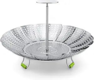 Stainless Steel 3rd Gen Steamer Basket with Extendable Handle, Folding & Expandable Veggie Steamer Insert, Fits 5.5" to 9" Instant Pot for Vegetables