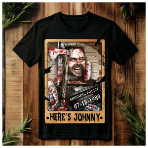 Here's Johnny Tarot Tee - Unisex Black T-Shirt Featuring Shinning Police Design and "HERE'S JOHNNY" Text -  Streetwear Tshirt