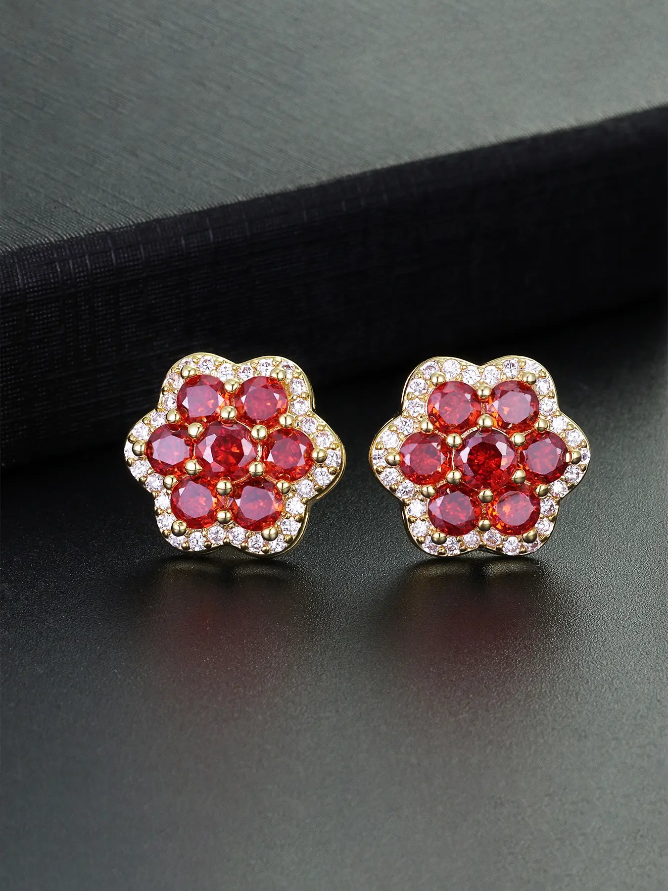 1 Pair ICED CHICS Exaggerated Red Plum Blossom Stud Earrings, Statement Earrings, Earrings Studs, Hip-hop Fashion, Hypoallergenic CZ Earrings, Suitable for Men and Women, Copper Inlaid Zircon, Hypoallergenic, Stud Earring Jewelry