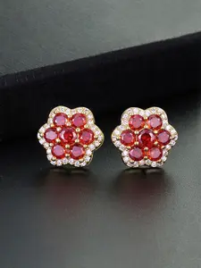 1 Pair Of ICED CHICS Large Exaggerated Red Plum Blossom Stud Earrings, Hip-hop Fashion Earrings, Hypoallergenic CZ Earrings, Suitable for Both Men and Women, Copper Inlaid Zircon, Stable Coating without Allergic Reaction, Hypoallergenic Material