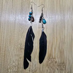 Black Feather Earrings with Blue Beads and Chain - Simple Design Jewelry Piece