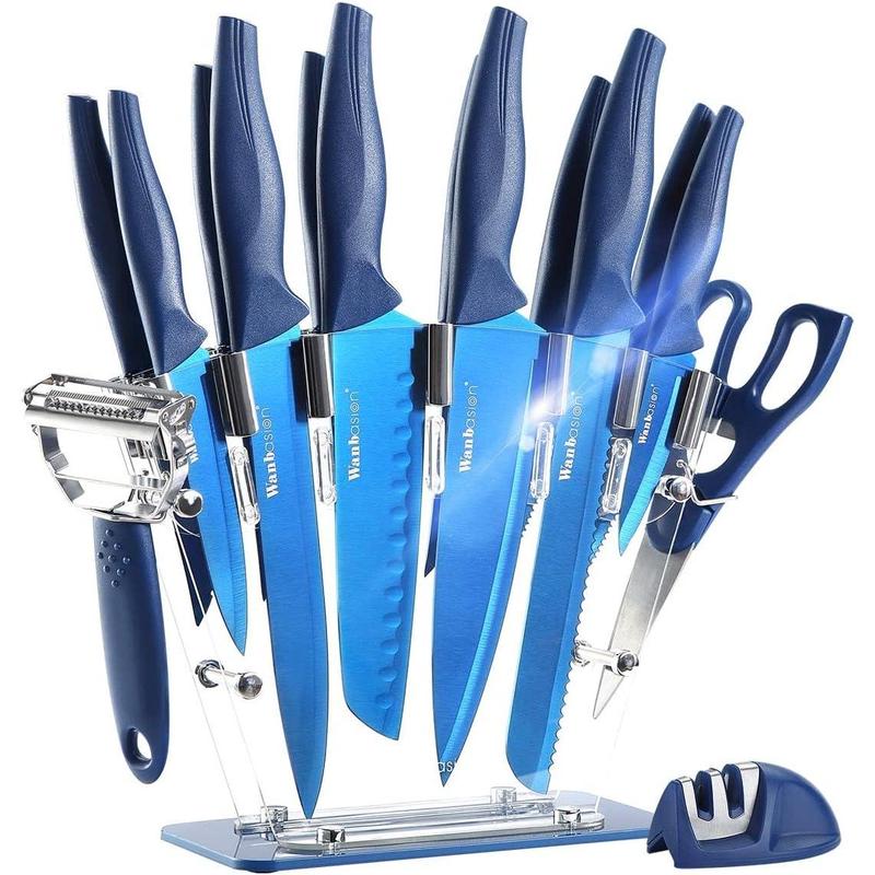 Wanbasion 16pcs Blue Kitchen Knife Set with Block, Stainless Steel Knives Set for Kitchen, Professional Chef Knife Sets for Kitchen with Sharpener Acrylic Block