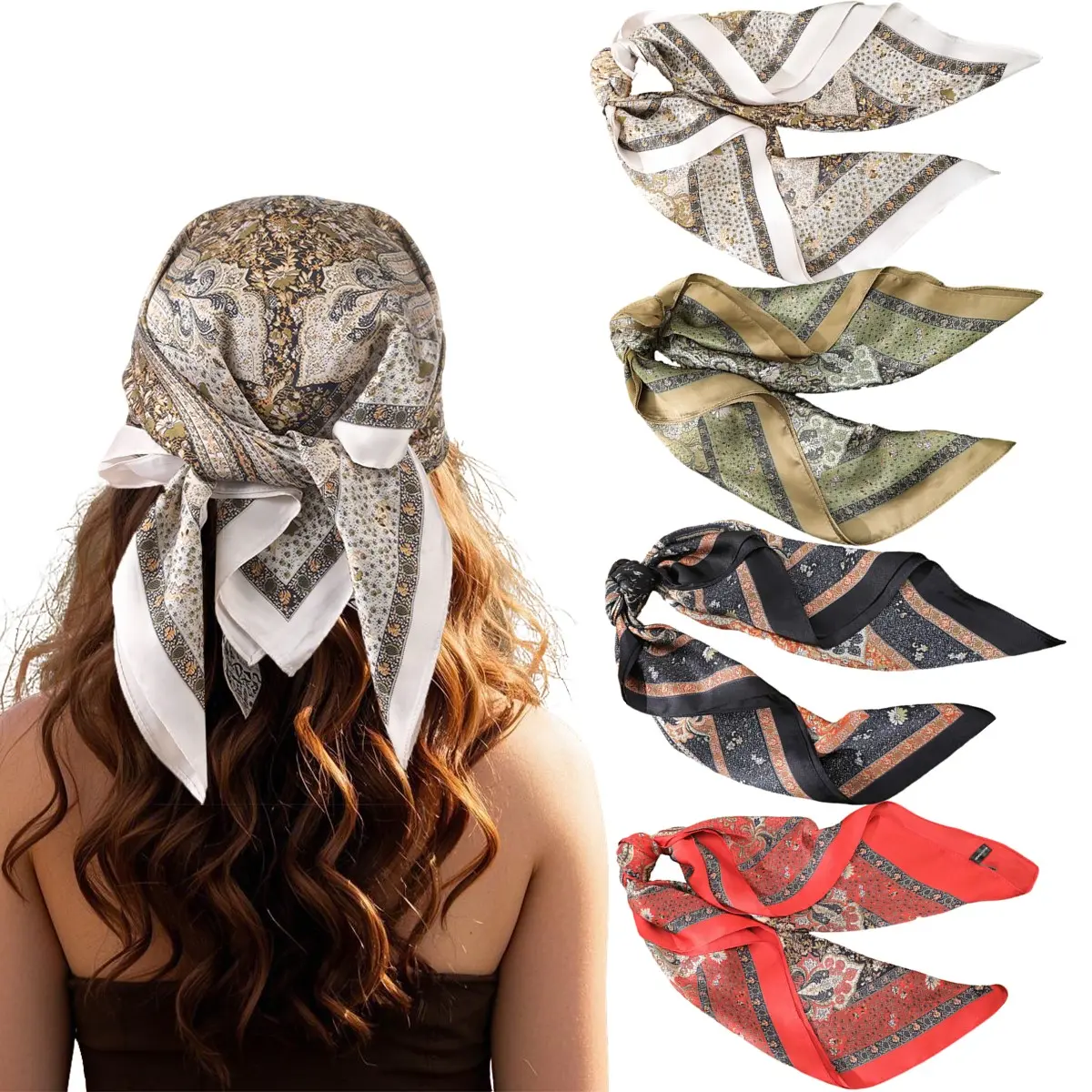 AWAYTR Women's 4-Pack 27.5" Silk-Like Square Scarves - Fashion Shawl Wrap, Hair Bandanas, Sleeping Head Wrap, Kerchief for Prom, School, Engagement, Scarf Wrap, Head Scarf Headband