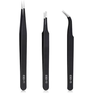3PCS Precision Tweezers Set Upgraded Anti-Static Stainless Steel ESD Safe Handles Straight Curved Flat Heads for Electronics Soldering Laboratory Work Jewelry Making Model Craft