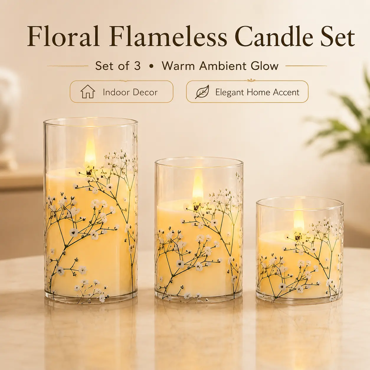 Set of 3 white floral glass flameless candles, battery-powered LED pillar candles with warm flickering light and an elegant patterned candle holder design, suitable for living room, bedroom, dining table decor, and wedding table centerpiece