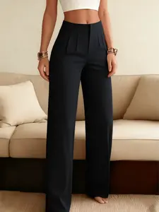 High-Waisted Pleated Wide-Leg Suit Pants, European Style Flowy Slimming Commuter Straight Leg Long Pants, Tall Person Floor-Length Casual Pants