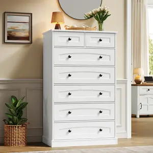 HOOBRO Modern Dresser with 7 Drawers, Tall Bedroom Storage Cabinet with 5 Large & 2 Small Drawers, Wooden Chest of Drawers, for Bedroom, Living Room, Entryway, White